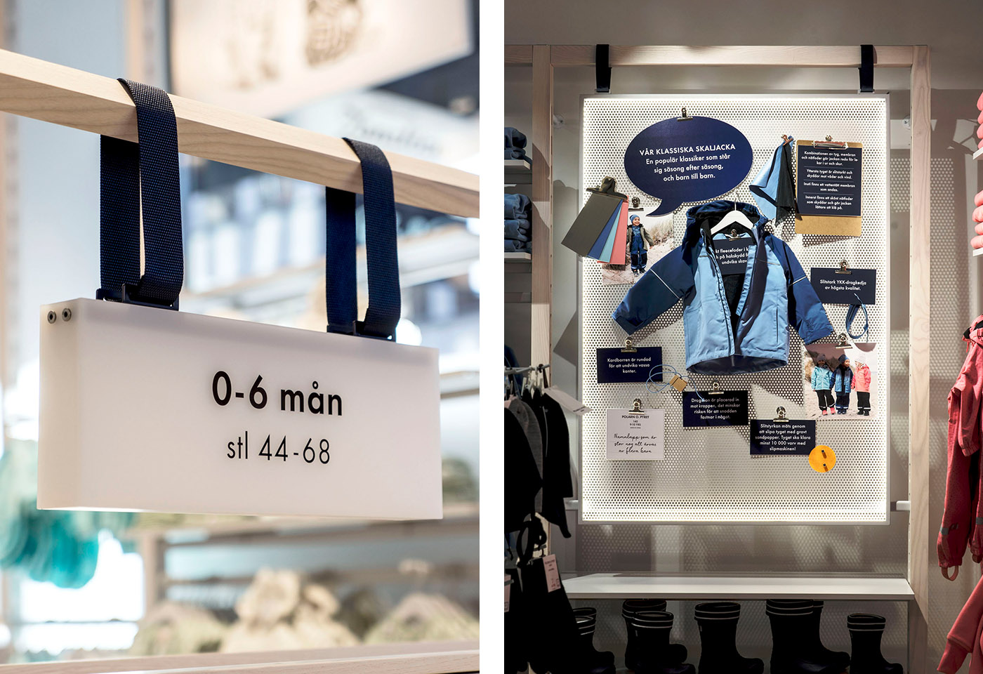 Butikskoncept för varumärket Polarn och Pyret. Skylt med avdelningsnamn och storlek på kläder, samt skaljacka hängd på metallvägg